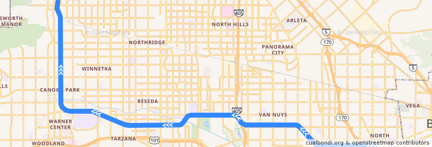Mapa del recorrido Metro Orange Line Busway (North Hollywood->Chatsworth) de la línea  en Los Ángeles.