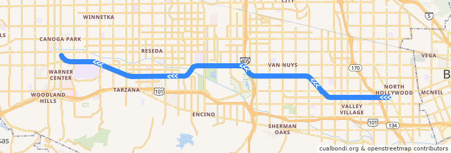 Mapa del recorrido Metro Orange Line Busway (North Hollywood->Canoga) de la línea  en Los Ángeles.