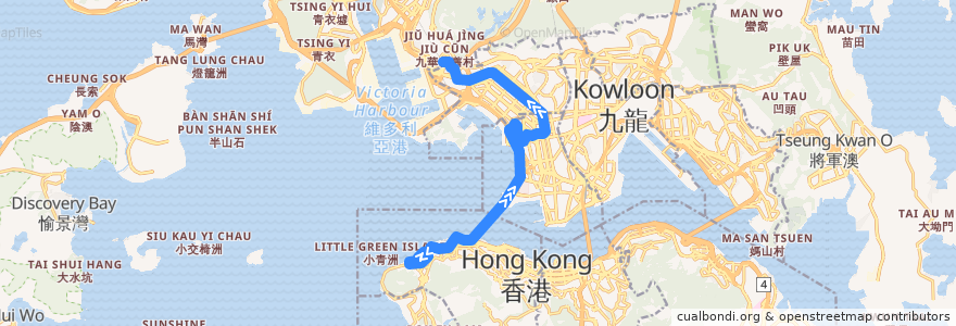 Mapa del recorrido 過海隧巴904線 Cross-harbour Bus 904 (堅尼地城 Kennedy Town → 荔枝角 Lai Chi Kok) de la línea  en Hong Kong.