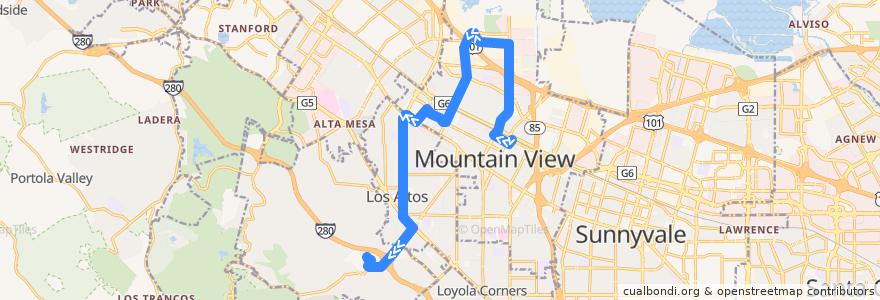 Mapa del recorrido VTA 40: Mountain View => Foothill College de la línea  en Santa Clara County.