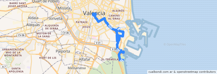 Mapa del recorrido Bus 15: Pinedo => Pl. de l'Ajuntament de la línea  en Comarca de València.