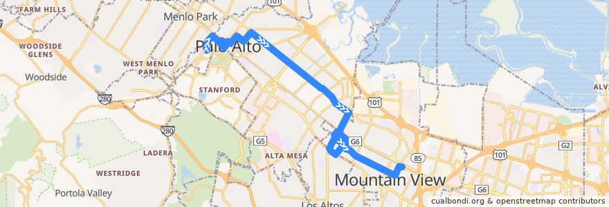 Mapa del recorrido VTA 21: Stanford Shopping Center => Downtown Mountain View de la línea  en Santa Clara County.