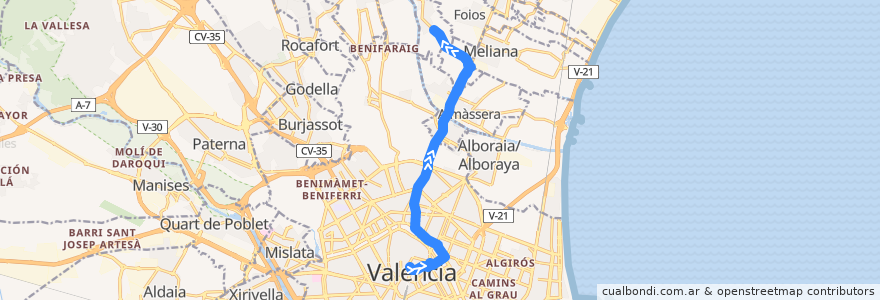 Mapa del recorrido Bus 16: Pl. de l'Ajuntament => Vinalesa de la línea  en València / Valencia.