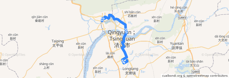 Mapa del recorrido 清远303路公交（城北客运站→高新区医院） de la línea  en District de Qingcheng.