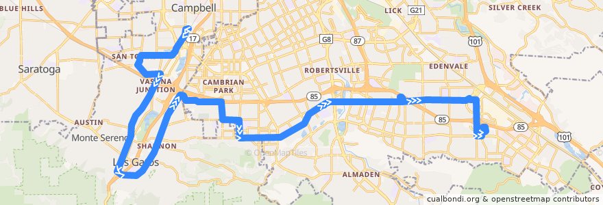 Mapa del recorrido VTA 27: Winchester => Kaiser San Jose de la línea  en Santa Clara County.