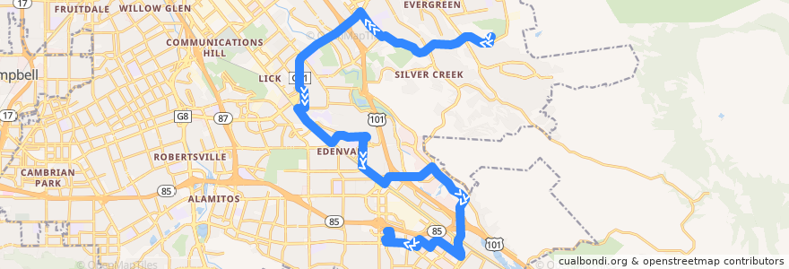 Mapa del recorrido VTA 42: Evergreen Valley College => Kaiser San Jose de la línea  en San Jose.