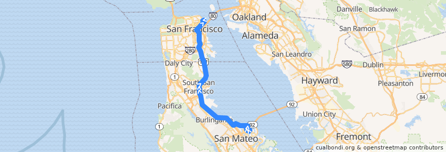 Mapa del recorrido SamTrans FCX: Foster City => Vintage Park => Drumm & Clay (evenings) de la línea  en Kalifornien.