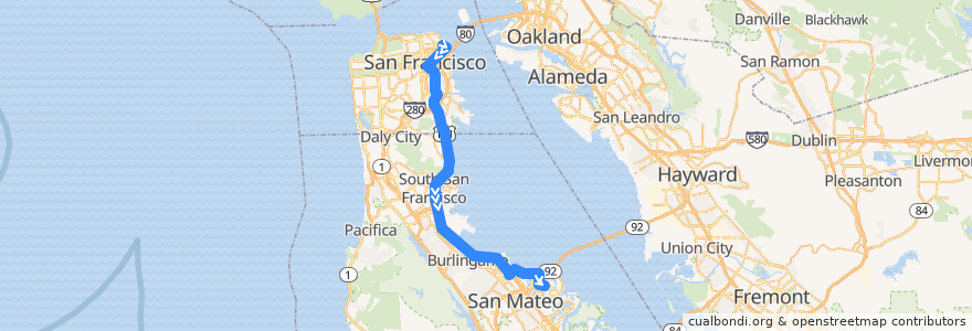 Mapa del recorrido SamTrans FCX: Drumm & Clay => Vintage Park => Foster City (mornings) de la línea  en Californië.