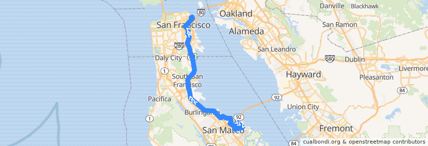 Mapa del recorrido SamTrans FCX: Foster City => Beach Park Boulevard => Drumm & Clay (mornings) de la línea  en Californie.