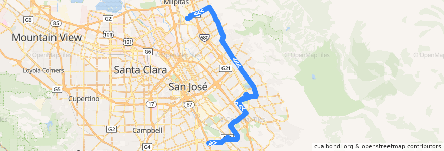 Mapa del recorrido VTA 71: Capitol => Milpitas BART de la línea  en San José.