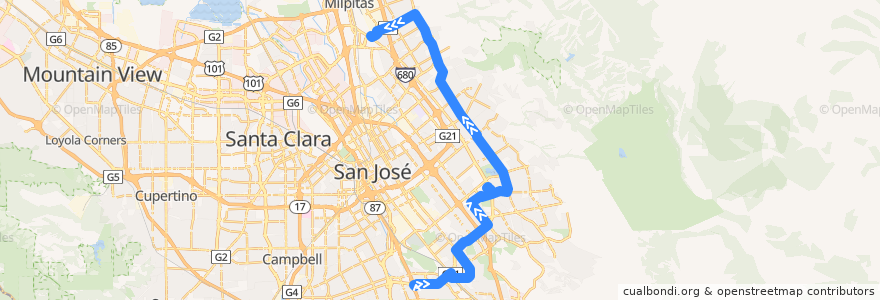 Mapa del recorrido VTA 71: Capitol => Milpitas BART de la línea  en San Jose.