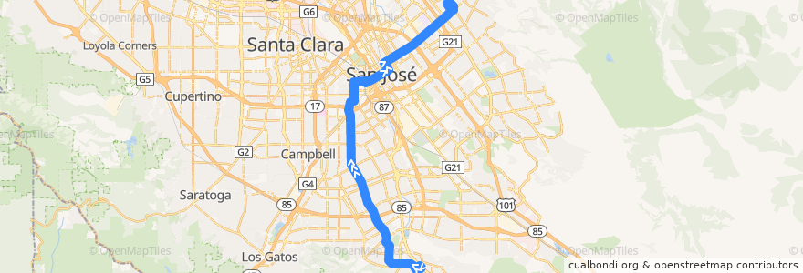 Mapa del recorrido VTA 64B: Almaden Expressway & Camden => San Jose Diridon => McKee & White de la línea  en San Jose.