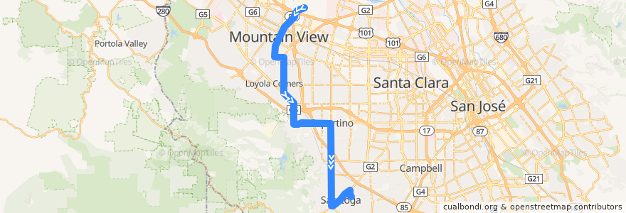 Mapa del recorrido VTA 51: Moffett Field/Ames Center => West Valley College de la línea  en Santa Clara County.