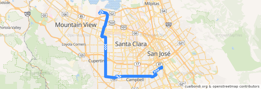 Mapa del recorrido VTA 56: Lockheed Martin => Tamien de la línea  en Santa Clara County.