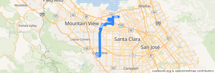 Mapa del recorrido VTA 55: De Anza College => Great America (other times) de la línea  en Santa Clara County.