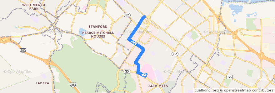 Mapa del recorrido VTA 89: VA Hospital Palo Alto => California Avenue Caltrain de la línea  en パロアルト.