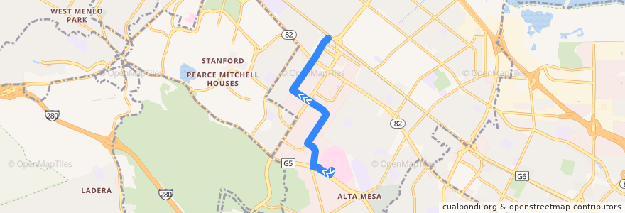 Mapa del recorrido VTA 89: VA Hospital Palo Alto => California Avenue Caltrain de la línea  en Palo Alto.