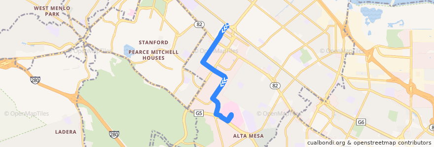 Mapa del recorrido VTA 89: California Avenue Caltrain => VA Hospital Palo Alto de la línea  en بالو ألتو.