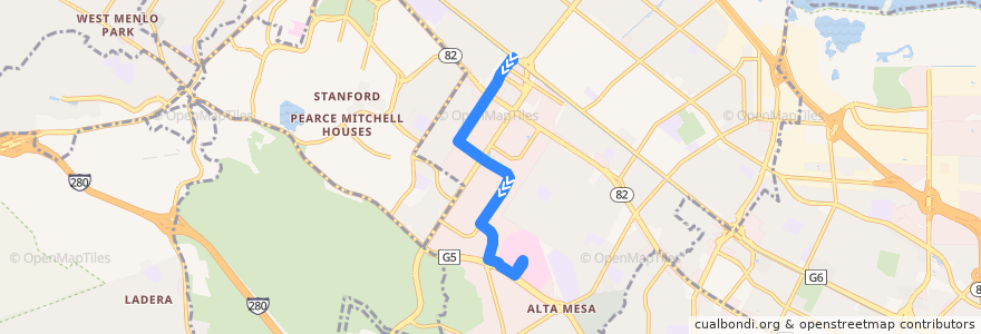 Mapa del recorrido VTA 89: California Avenue Caltrain => VA Hospital Palo Alto de la línea  en Palo Alto.
