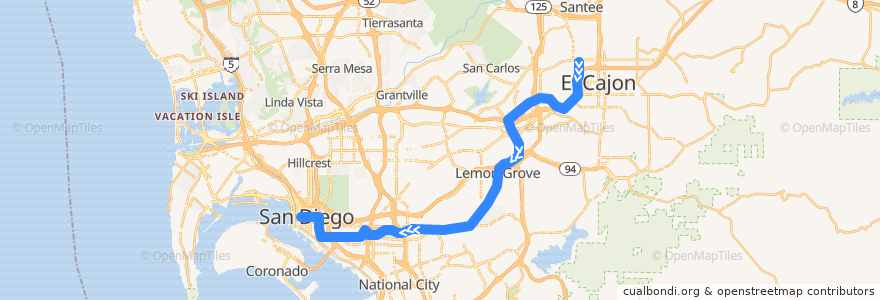 Mapa del recorrido Orange Line: Arnele Avenue => Courthouse de la línea  en San Diego County.