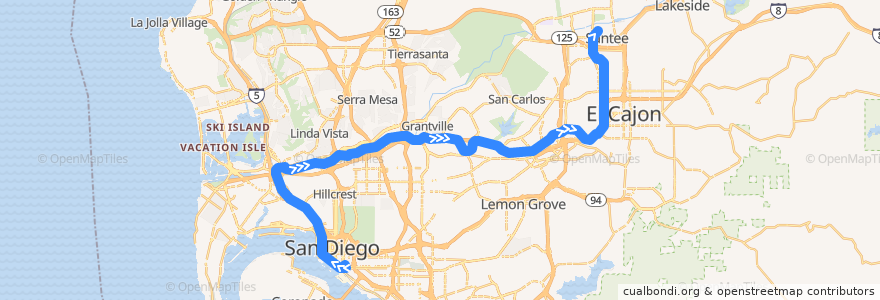 Mapa del recorrido Sycuan Green Line: 12th & Imperial Transit Center => Santee Town Center de la línea  en San Diego County.