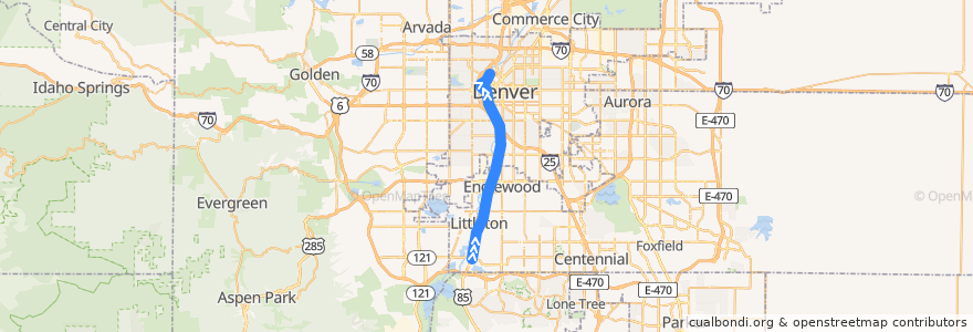Mapa del recorrido RTD C Line → Union Station de la línea  en Colorado.