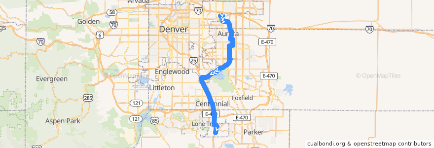 Mapa del recorrido RTD R Line → RidgeGate Parkway de la línea  en Colorado.