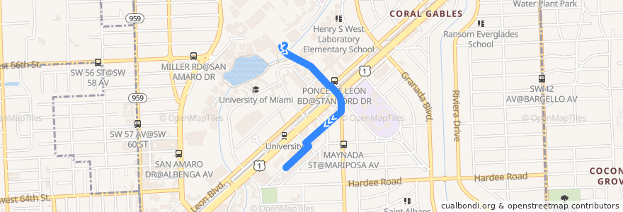 Mapa del recorrido UMiami Gables One Tower: Stanford Circle => Gables One Tower de la línea  en Coral Gables.