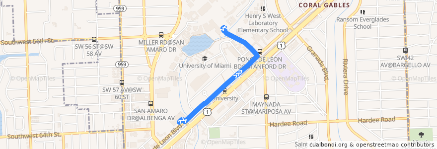 Mapa del recorrido UMiami Stanford Express: Ponce Garage => Stanford Circle de la línea  en Coral Gables.