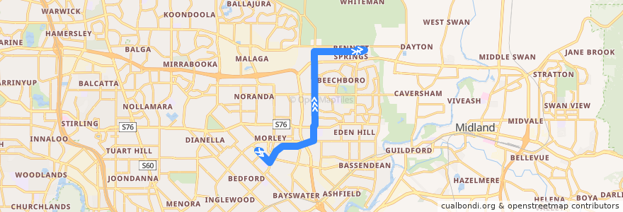 Mapa del recorrido 345F Morley Bus Station → Bennett Springs de la línea  en Western Australia.