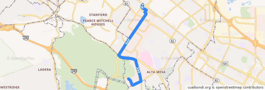 Mapa del recorrido Stanford Research Park California Avenue Foothill Express Shuttle: California Avenue Caltrain => 3475 Deer Creek (mornings) de la línea  en Santa Clara County.