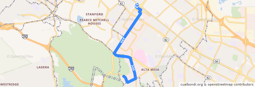 Mapa del recorrido Stanford Research Park California Avenue Foothill Express Shuttle: California Avenue Caltrain => 3475 Deer Creek (mornings) de la línea  en 圣克莱拉县.