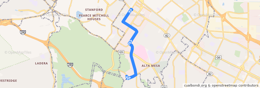 Mapa del recorrido Stanford Research Park California Avenue Midday Shuttle: Deer Creek & Arastradero => El Camino & California Avenue de la línea  en Palo Alto.