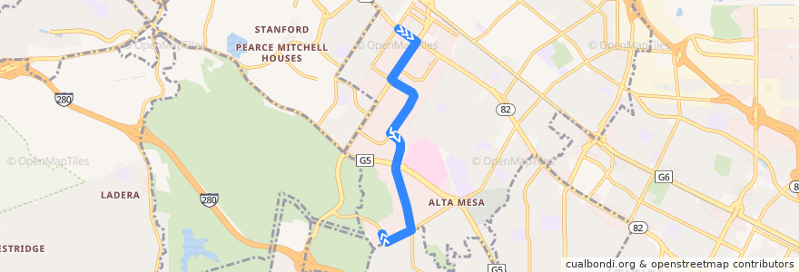 Mapa del recorrido Stanford Research Park California Avenue Midday Shuttle: El Camino & California Avenue => Deer Creek & Arastradero de la línea  en Palo Alto.