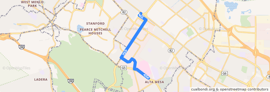 Mapa del recorrido Stanford Research Park California Avenue Miranda Shuttle: 4003 Miranda Avenue => California Avenue Caltrain (evenings) de la línea  en Palo Alto.