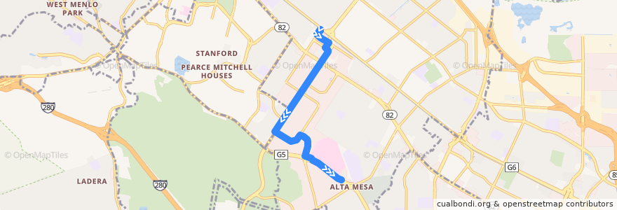 Mapa del recorrido Stanford Research Park California Avenue Miranda Shuttle: California Avenue Caltrain => 4003 Miranda Avenue (mornings) de la línea  en Пало-Альто.