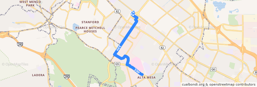 Mapa del recorrido Stanford Research Park California Avenue Miranda Shuttle: California Avenue Caltrain => 4003 Miranda Avenue (mornings) de la línea  en Palo Alto.