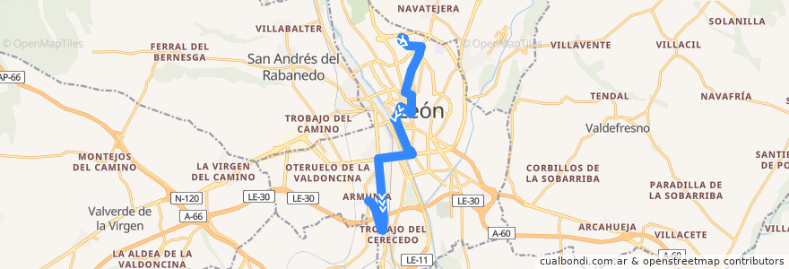 Mapa del recorrido Bus 1: Hospitales → Armunia por Trobajo del Cerecedo de la línea  en León.