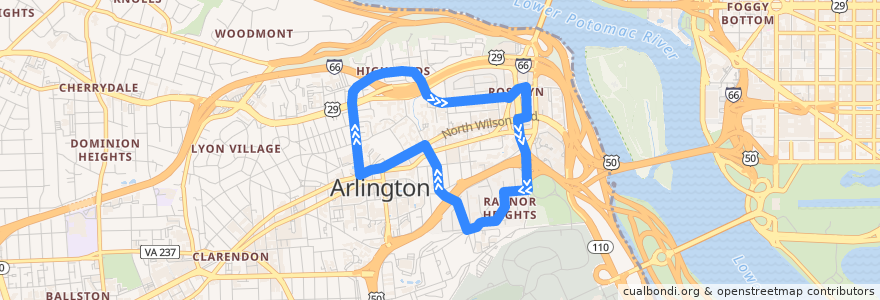 Mapa del recorrido ART 61A Rosslyn - Court House Metro Shuttle de la línea  en Arlington.