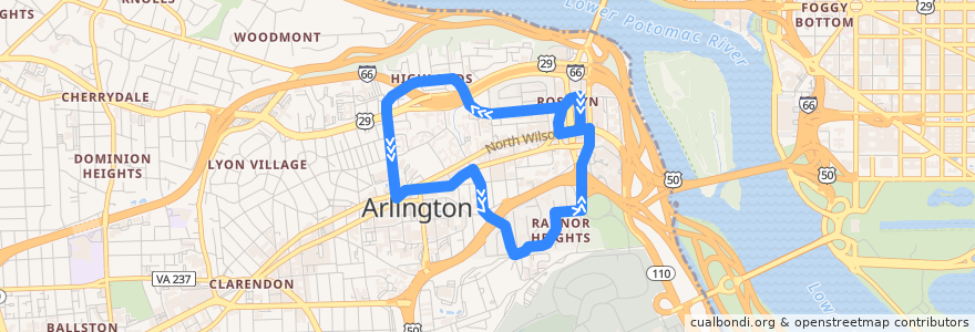 Mapa del recorrido ART 61B Rosslyn - Court House Metro Shuttle de la línea  en Arlington.