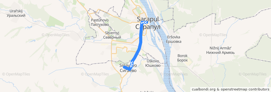 Mapa del recorrido 12 (Центр - поселок Нефтяников) de la línea  en Удмуртия.