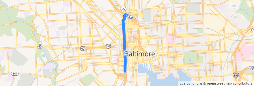 Mapa del recorrido Baltimore Light RailLink: Penn Station → Camden Yards de la línea  en Baltimore.