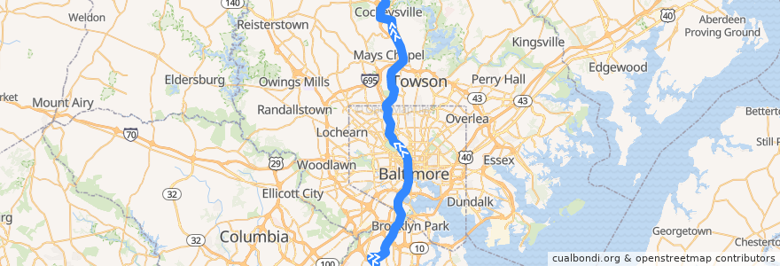 Mapa del recorrido Baltimore Light RailLink: BWI Airport → Hunt Valley de la línea  en Мэриленд.