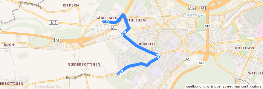 Mapa del recorrido Bus 25: Bümpliz => Gäbelbach de la línea  en برن.