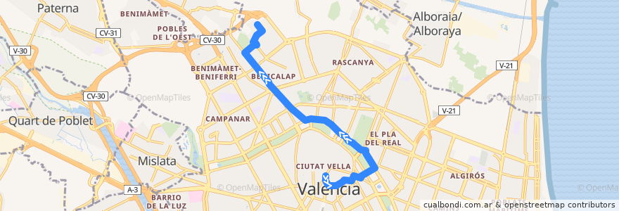 Mapa del recorrido Bus 28: Mercat Central => Ciutat Art. Faller de la línea  en Comarca de València.