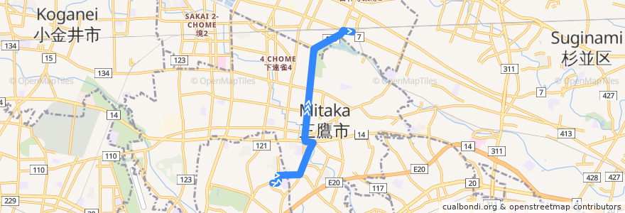 Mapa del recorrido Bus 吉04 野ヶ谷->吉祥寺駅 de la línea  en Tokio.