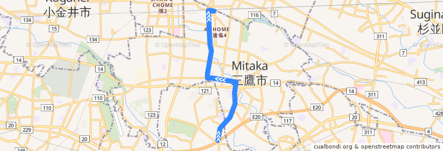 Mapa del recorrido Bus 鷹54 晃華学園東->三鷹駅 de la línea  en Токио.