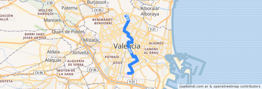 Mapa del recorrido Bus 6: Torrefiel => Nou Hospital la Fe (Día de Mercado) de la línea  en Comarca de Valencia.