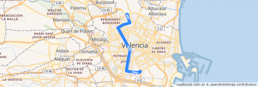 Mapa del recorrido Bus 64: Est. J. Sorolla/Nou Hosp. la Fe => Benicalap de la línea  en Comarca de Valencia.