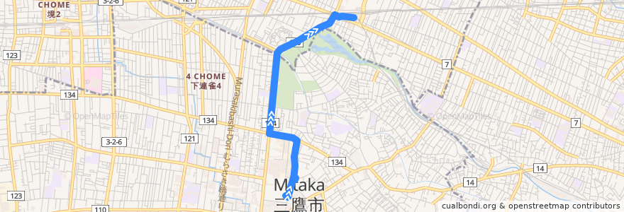 Mapa del recorrido 吉13 杏林大学井の頭キャンパス-> 吉祥寺駅 (牟礼団地線) de la línea  en 東京都.